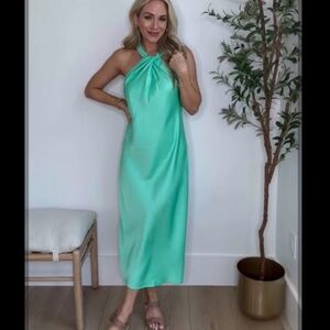 EUC Green Satiny Slip Maxi Dress With Knot Front, Sz Medium. A New Day
